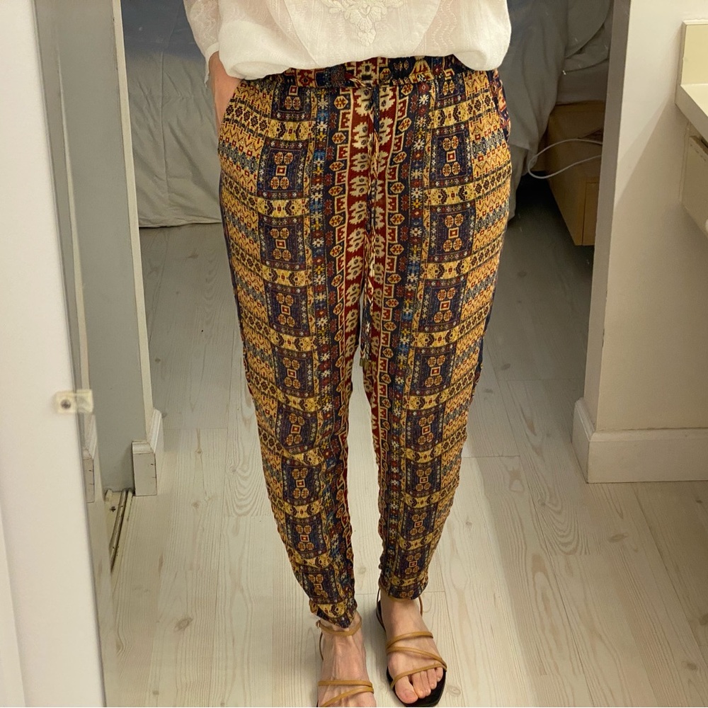 Gauze viscose pants trousers ethnic boho print paisley pattern tie waist Small 4
